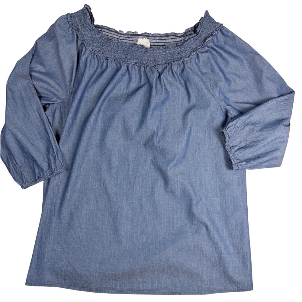 Chico's Women Blue Chambray Smocked Off Shoulder 3/4 Sleeve Cotton Blouse Size 2